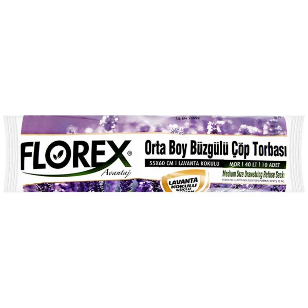 Florex Çöp Torbası Orta Boy 55 cm x 60 cm Mor Lavanta Kokulu Büzgülü